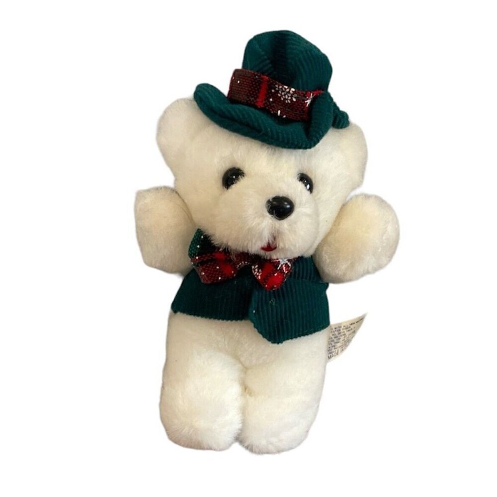 Dan Dee Beige 6” Christmas Stuffed Teddy Bear Plush W/ Green Hat & Vest Vintage